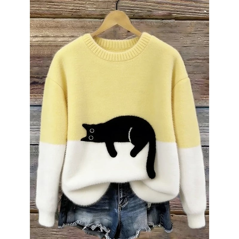 Women's Cat Graphic Sweater - Color Block