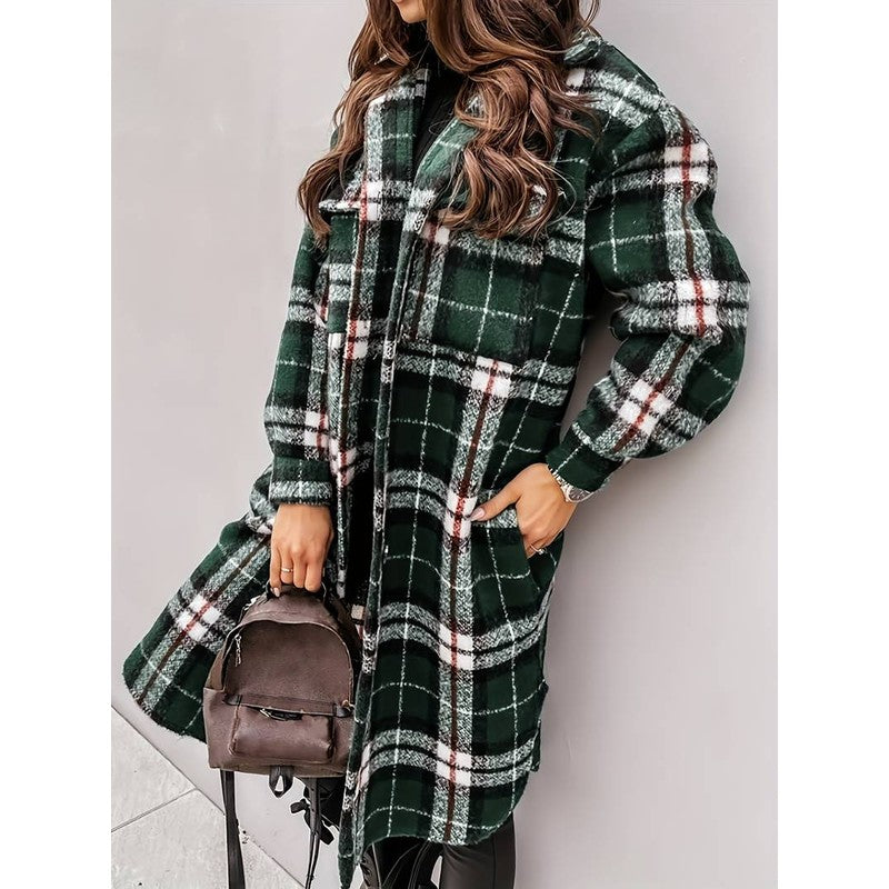 Women's Checked Mid-Length Jacket - Lapel Collar