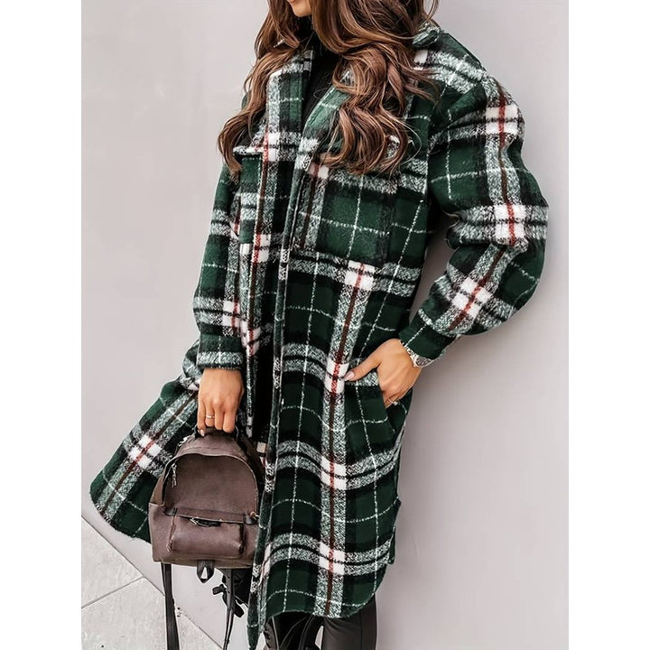 Women's Checked Mid-Length Jacket - Lapel Collar