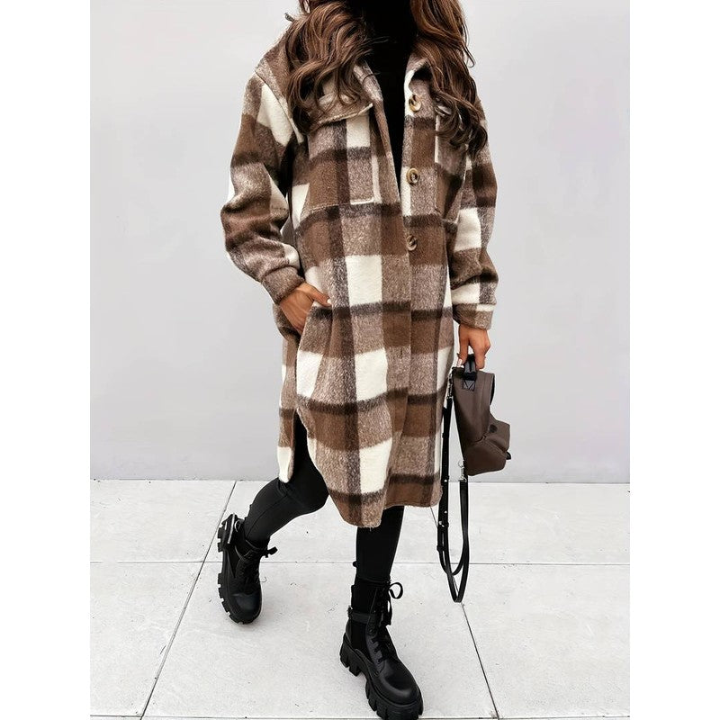 Women's Checked Mid-Length Jacket - Lapel Collar