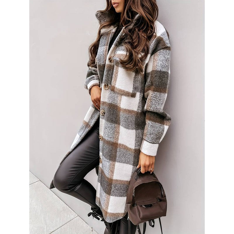 Women's Checked Mid-Length Jacket - Lapel Collar