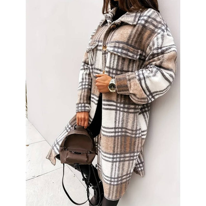 Women's Checked Mid-Length Jacket - Lapel Collar