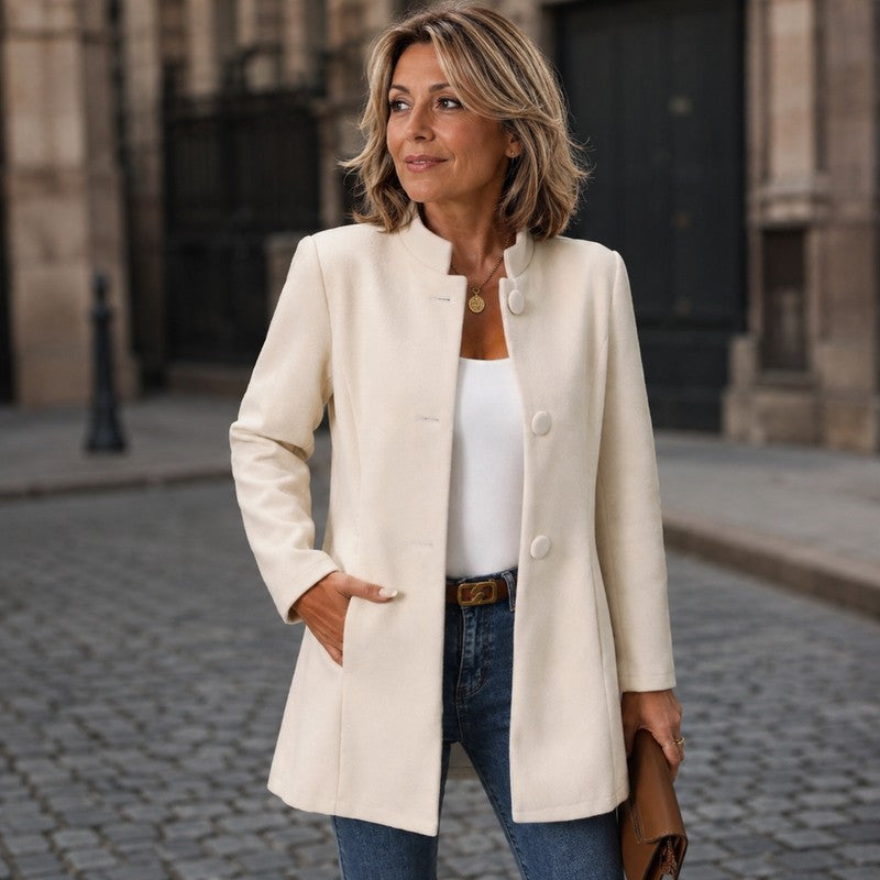 Women's Collarless Button Front Coat - Semi-Fitted Silhouette