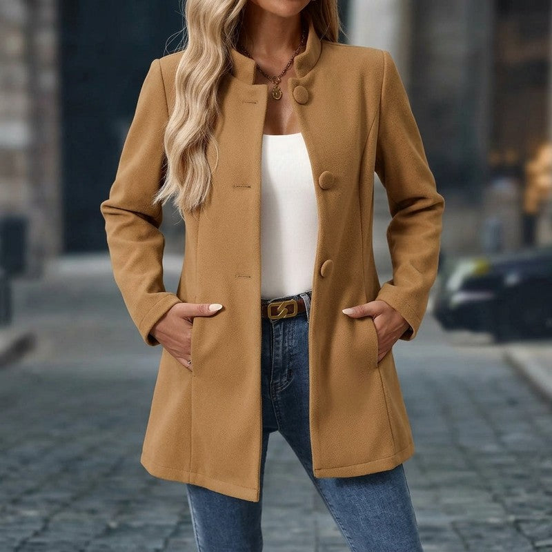 Women's Collarless Button Front Coat - Semi-Fitted Silhouette