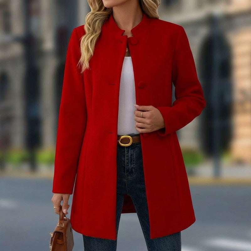 Women's Collarless Button Front Coat - Semi-Fitted Silhouette