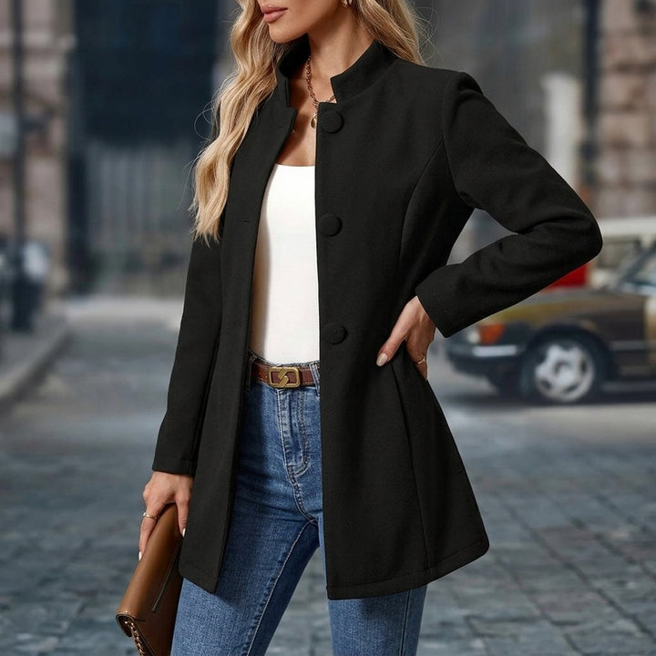 Women's Collarless Button Front Coat - Semi-Fitted Silhouette