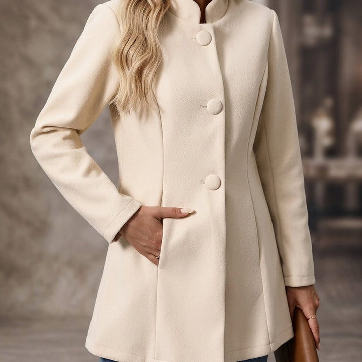 Women's Collarless Button Front Coat - Semi-Fitted Silhouette
