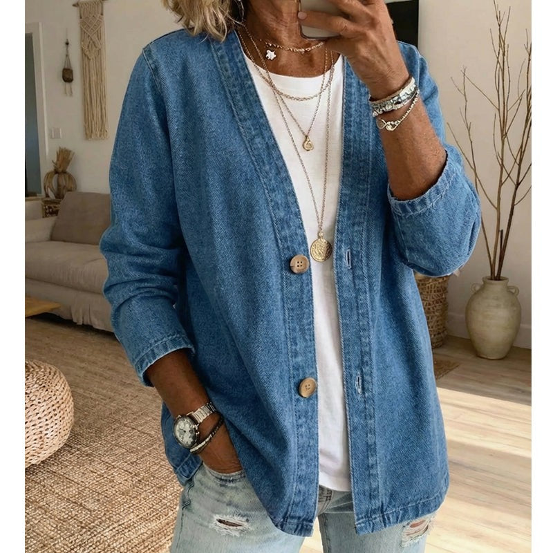 Women's Collarless Button-Up Jacket - -Style
