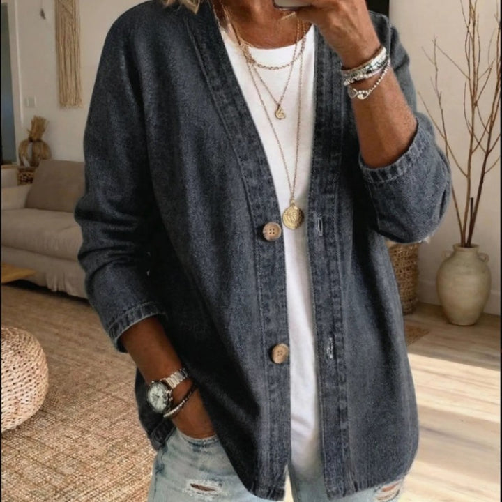 Women's Collarless Button-Up Jacket - -Style
