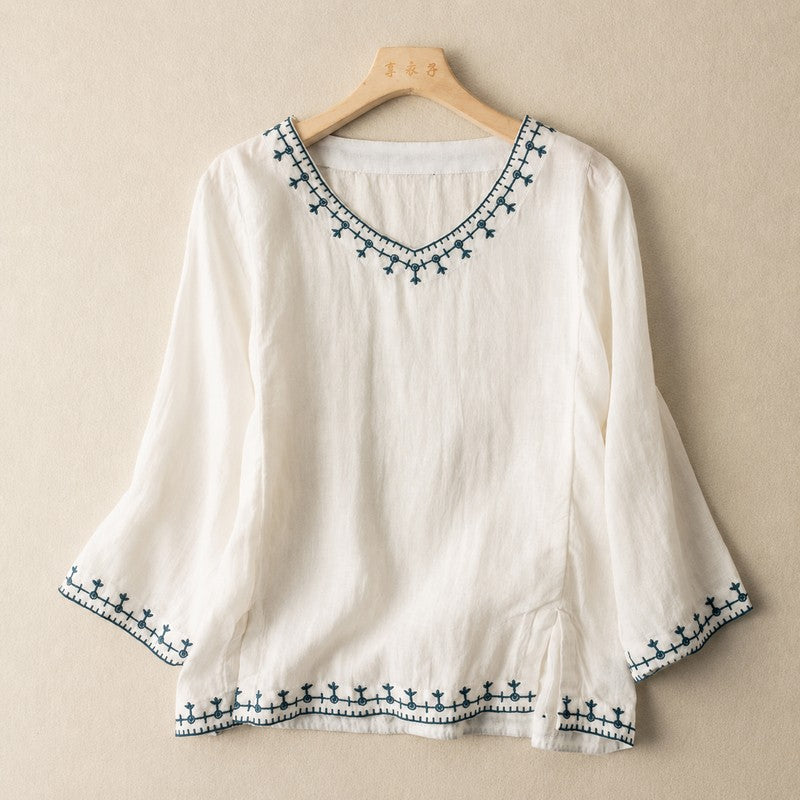 Women's Embroidered Blouse - V-Neck with Contrasting Trim