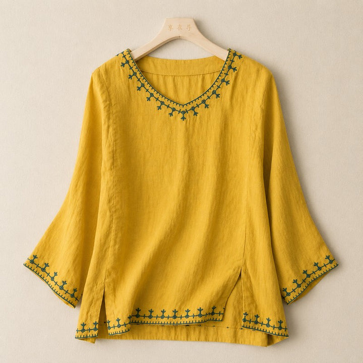 Women's Embroidered Blouse - V-Neck with Contrasting Trim