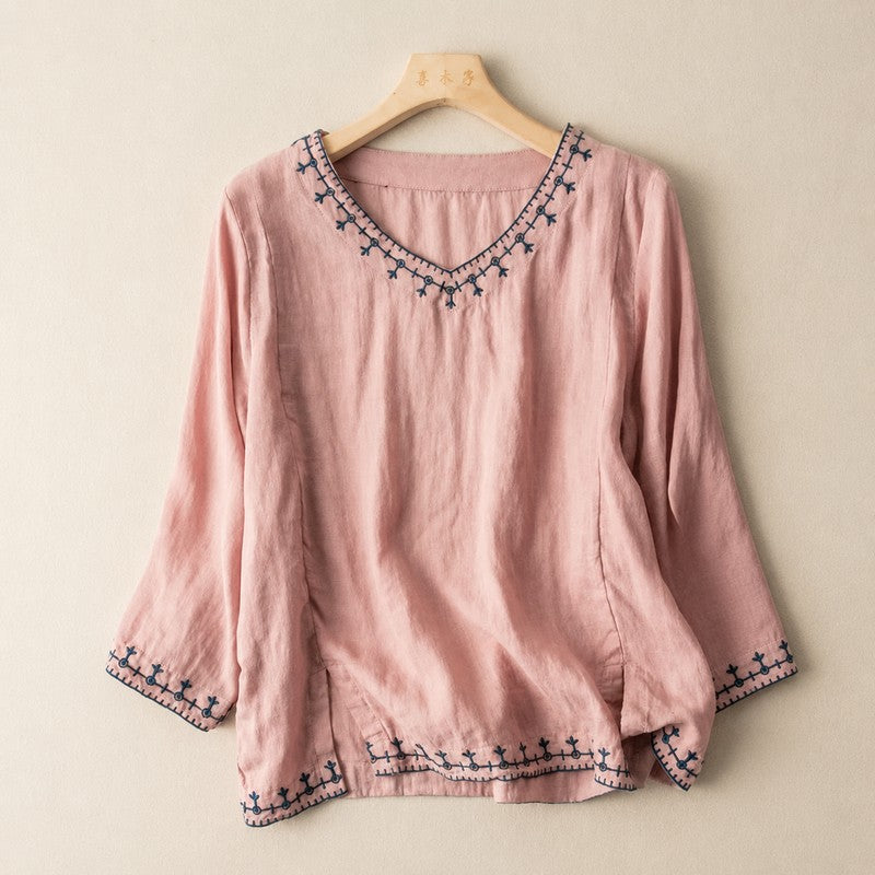 Women's Embroidered Blouse - V-Neck with Contrasting Trim