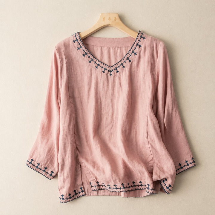 Women's Embroidered Blouse - V-Neck with Contrasting Trim