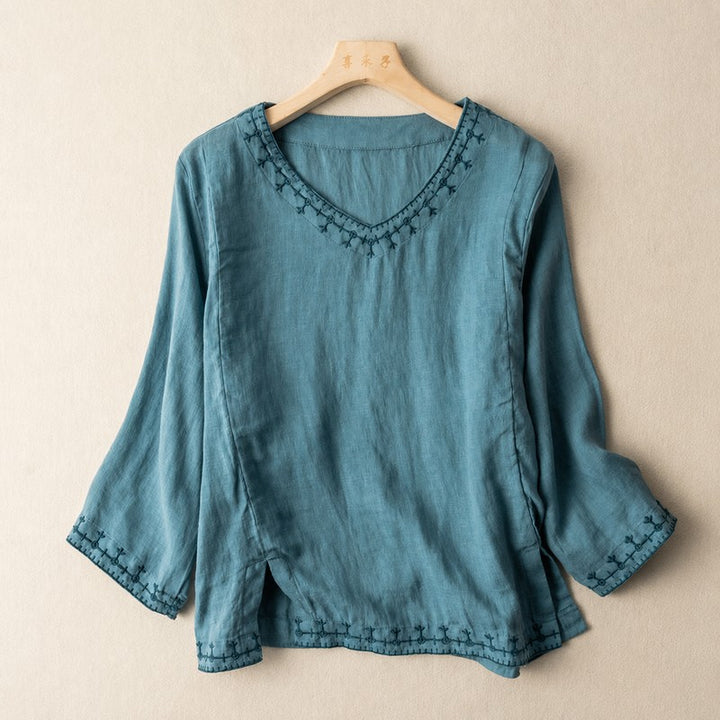 Women's Embroidered Blouse - V-Neck with Contrasting Trim