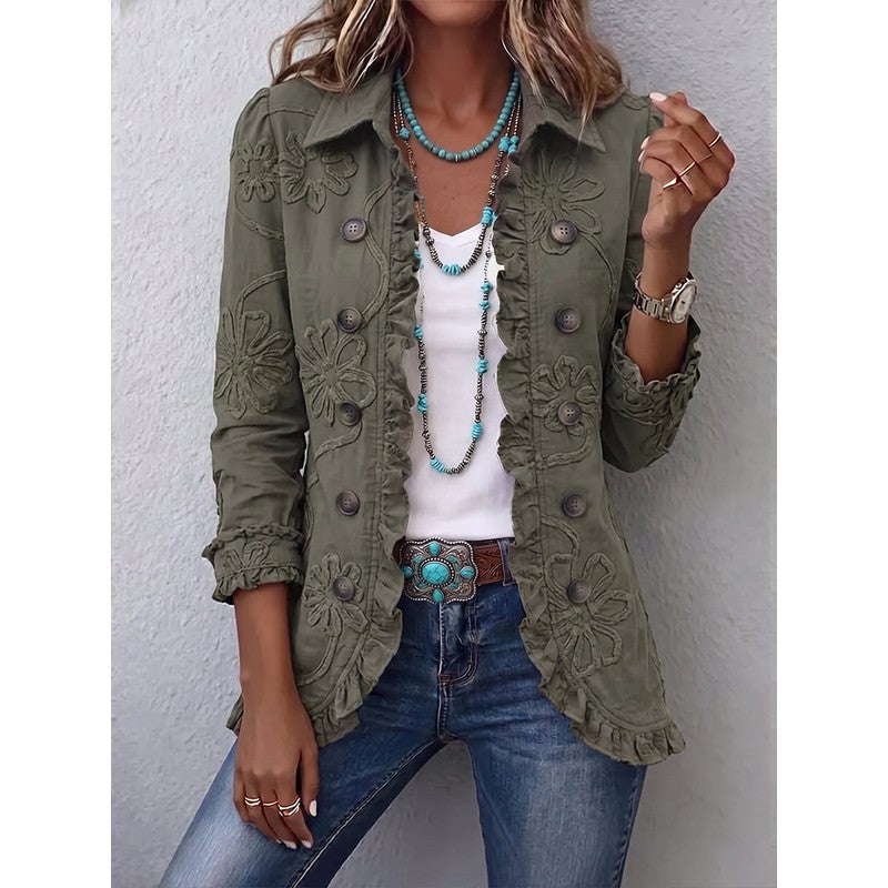 Women's Embroidered Ruffle Trim Jacket - Floral Embroidery