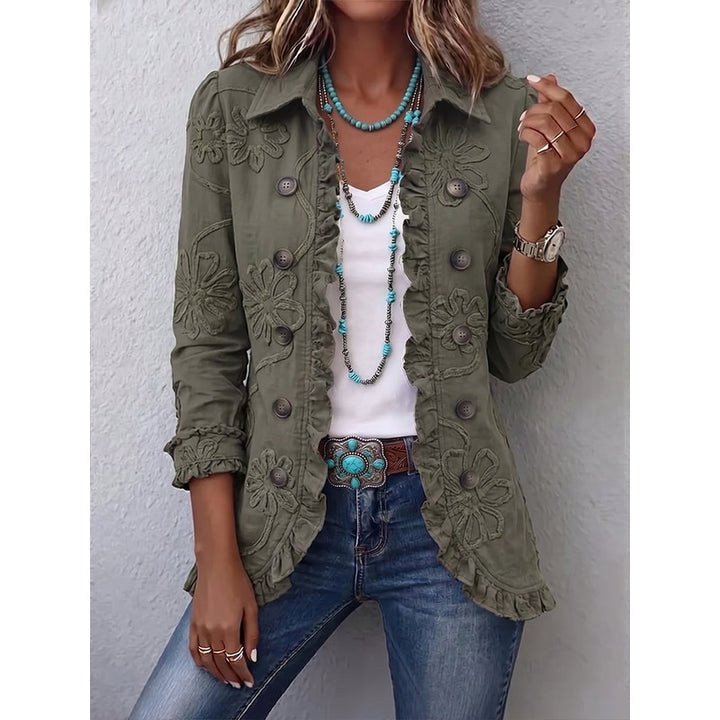 Women's Embroidered Ruffle Trim Jacket - Floral Embroidery