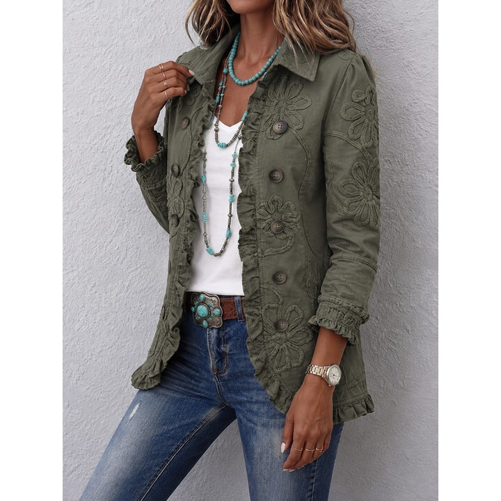 Women's Embroidered Ruffle Trim Jacket - Floral Embroidery