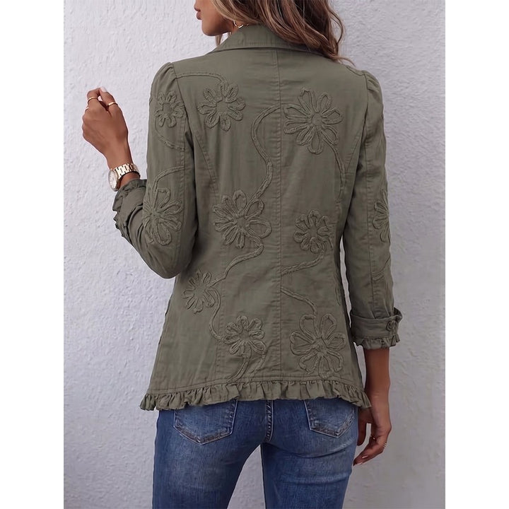 Women's Embroidered Ruffle Trim Jacket - Floral Embroidery