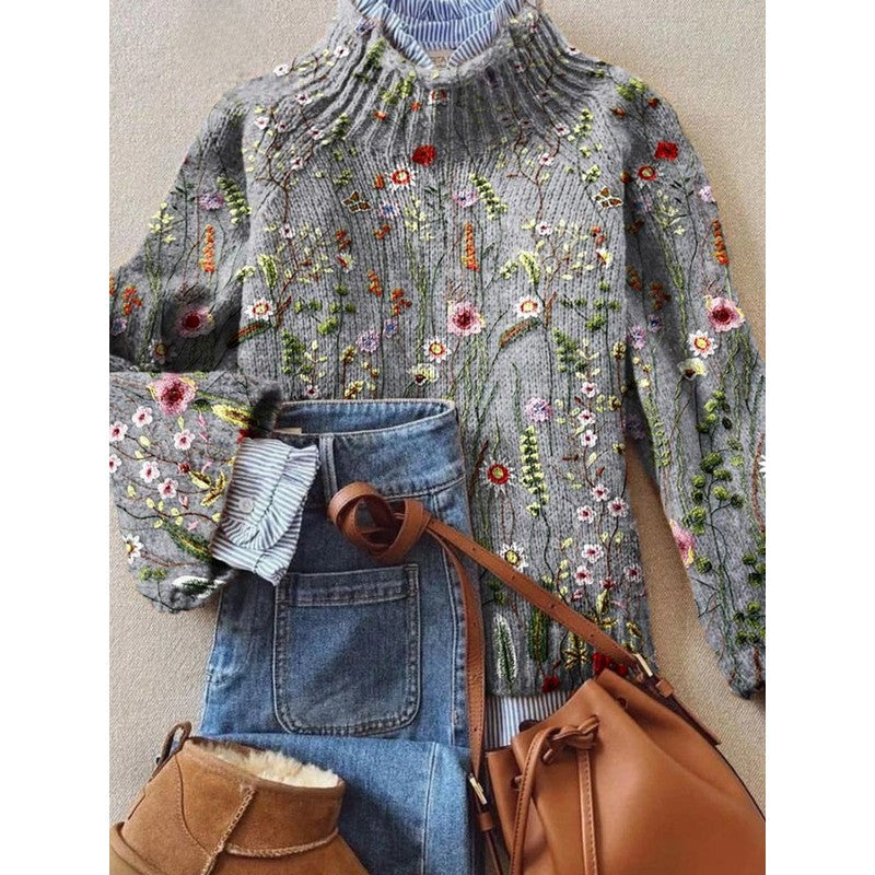 Women's Floral Embroidered Sweater - Relaxed Fit Ribbed Hem