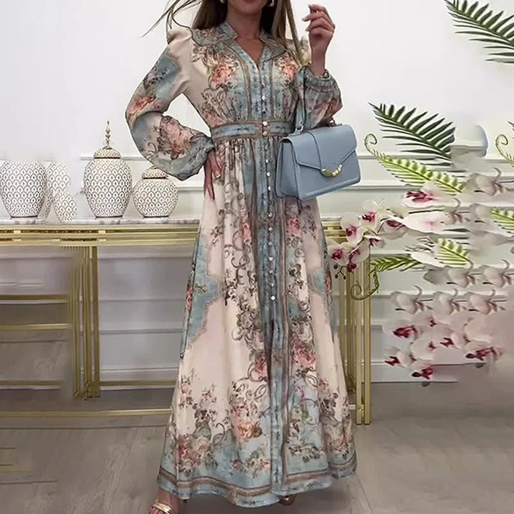 Women's Floral Maxi Dress - Lantern Sleeves & Full Button Front