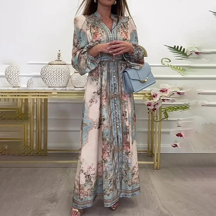 Women's Floral Maxi Dress - Lantern Sleeves & Full Button Front