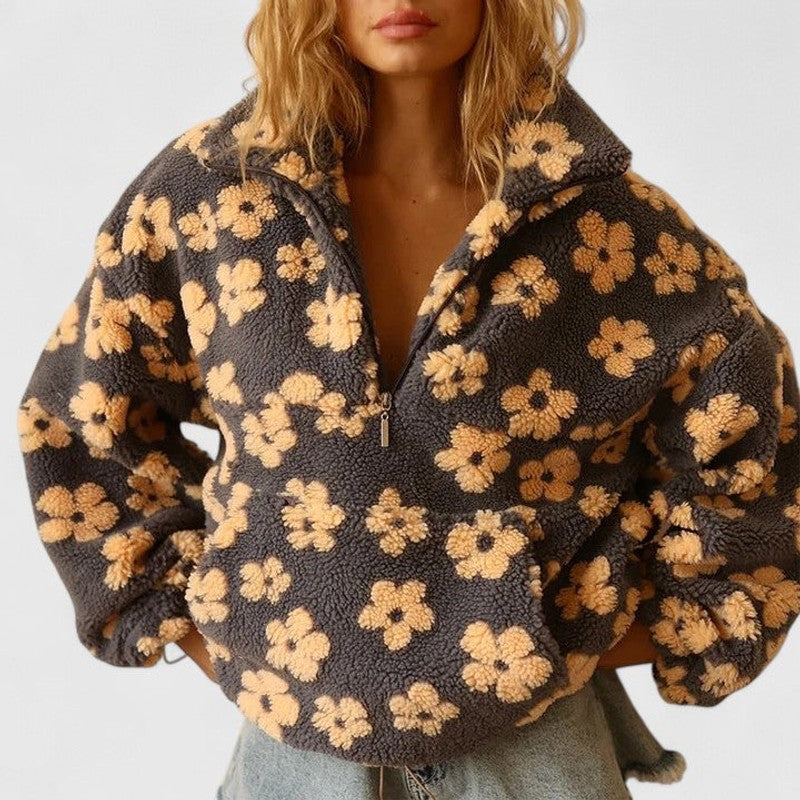 Women's Half-Zip Sweater - Oversized Floral Print