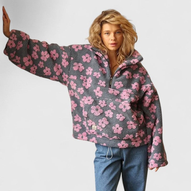 Women's Half-Zip Sweater - Oversized Floral Print