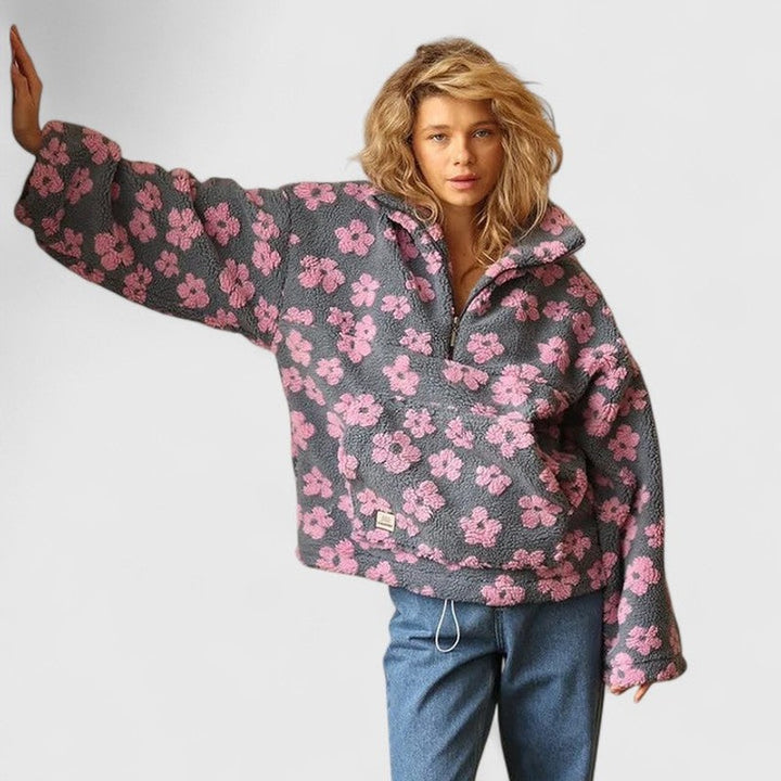 Women's Half-Zip Sweater - Oversized Floral Print