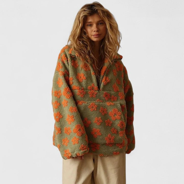 Women's Half-Zip Sweater - Oversized Floral Print