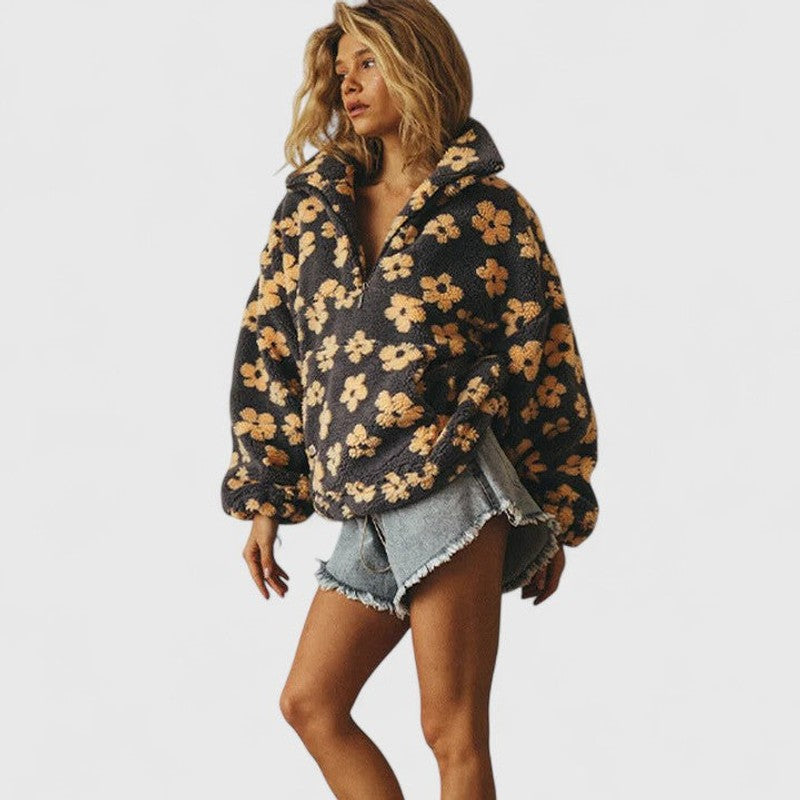 Women's Half-Zip Sweater - Oversized Floral Print
