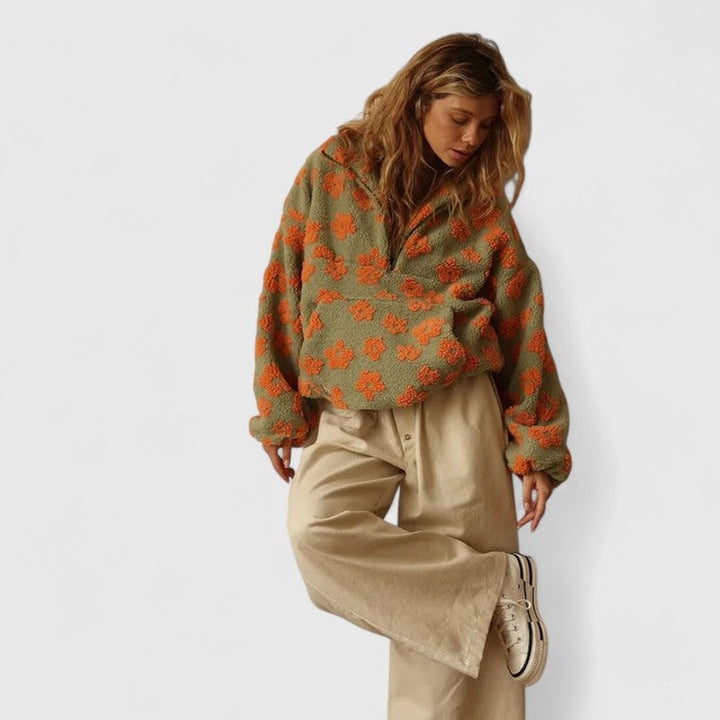 Women's Half-Zip Sweater - Oversized Floral Print