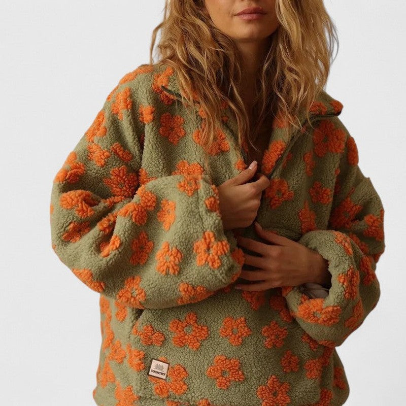 Women's Half-Zip Sweater - Oversized Floral Print