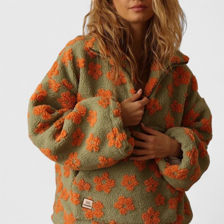 Women's Half-Zip Sweater - Oversized Floral Print