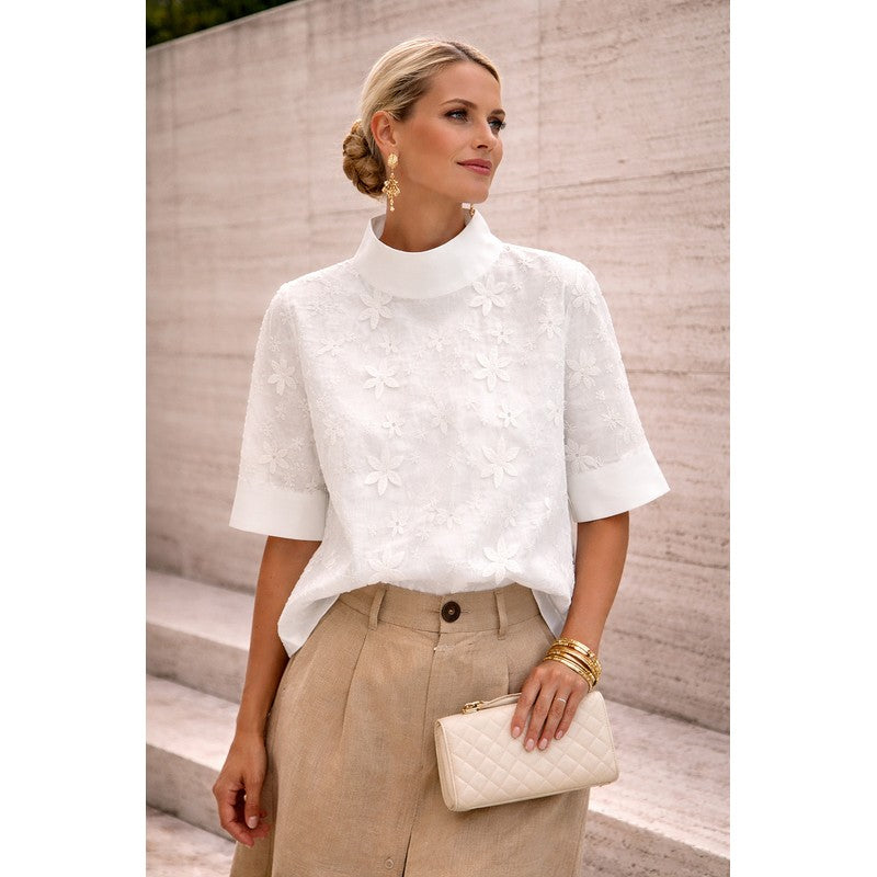 Women's High Collar Blouse - Floral Embroidery