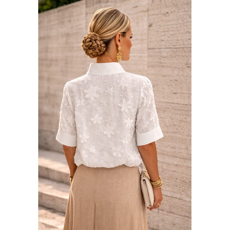 Women's High Collar Blouse - Floral Embroidery