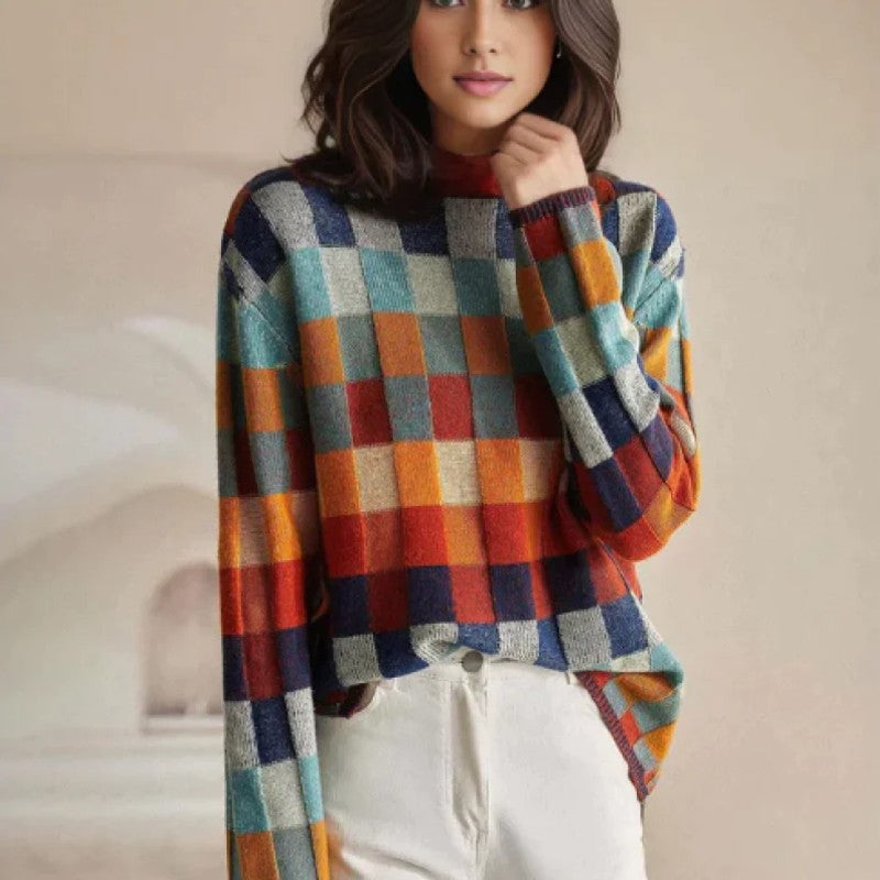 Women's High-Neck Knit Sweater - Color Block Plaid
