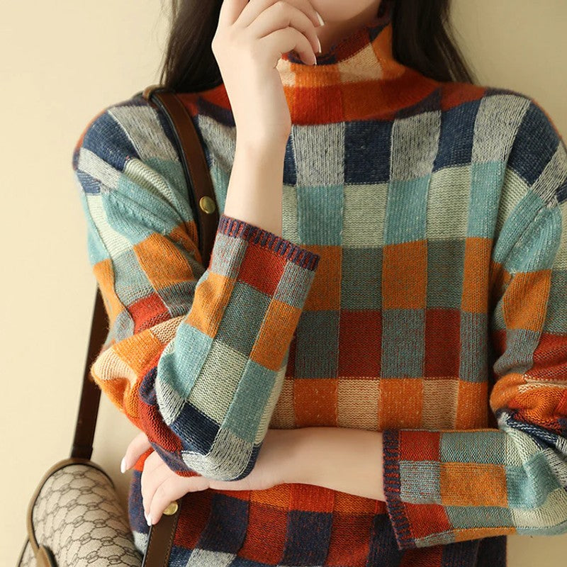 Women's High-Neck Knit Sweater - Color Block Plaid