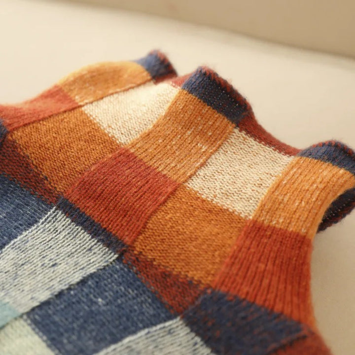 Women's High-Neck Knit Sweater - Color Block Plaid