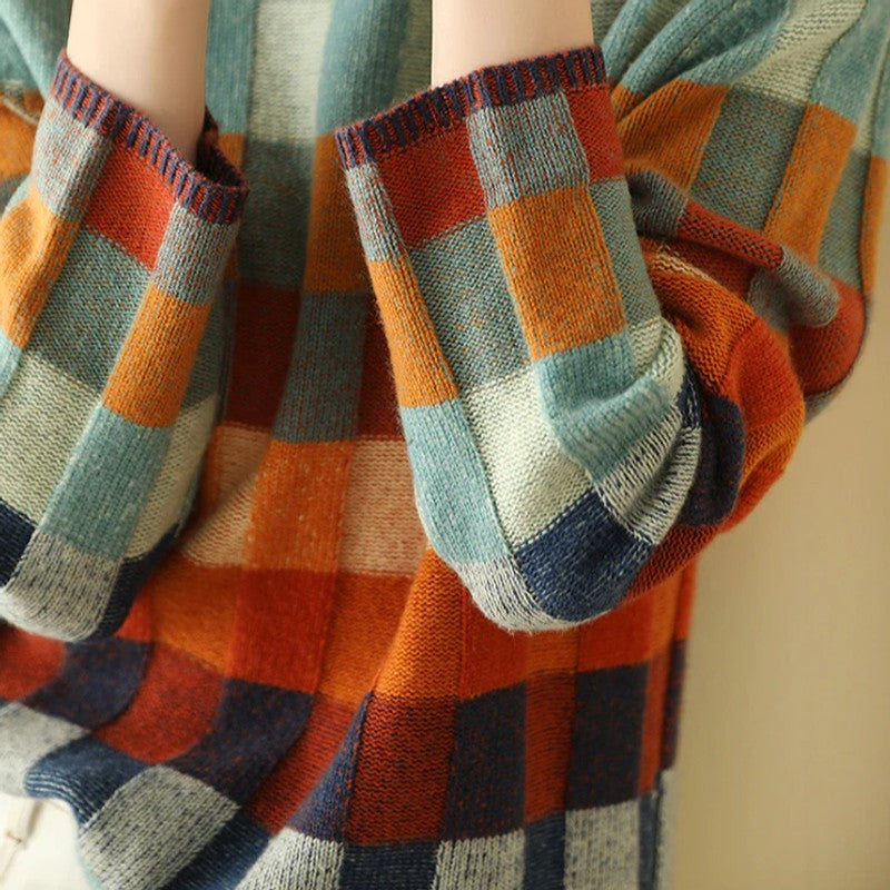 Women's High-Neck Knit Sweater - Color Block Plaid