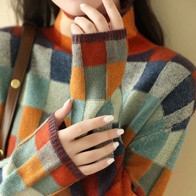 Women's High-Neck Knit Sweater - Color Block Plaid