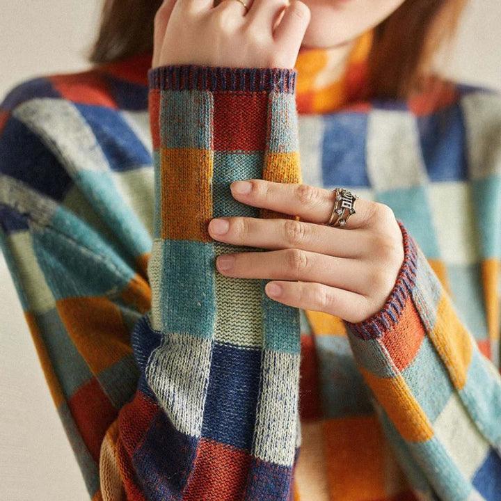 Women's High-Neck Knit Sweater - Color Block Plaid