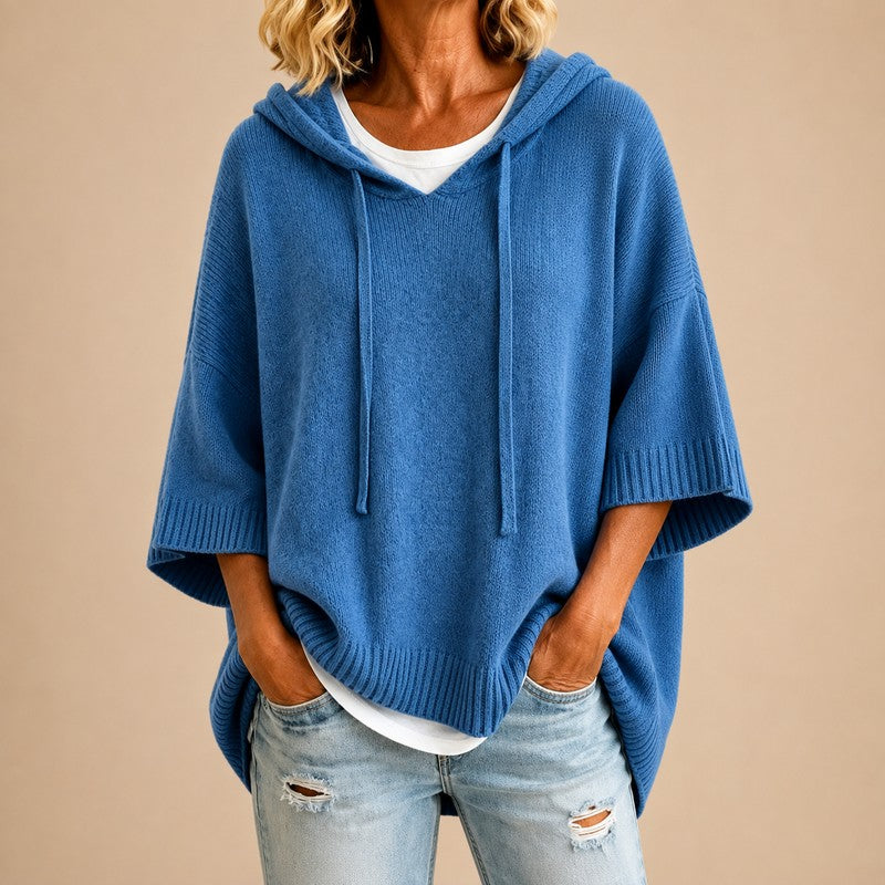 Women's Hooded Knit Sweater - Oversized Poncho Style