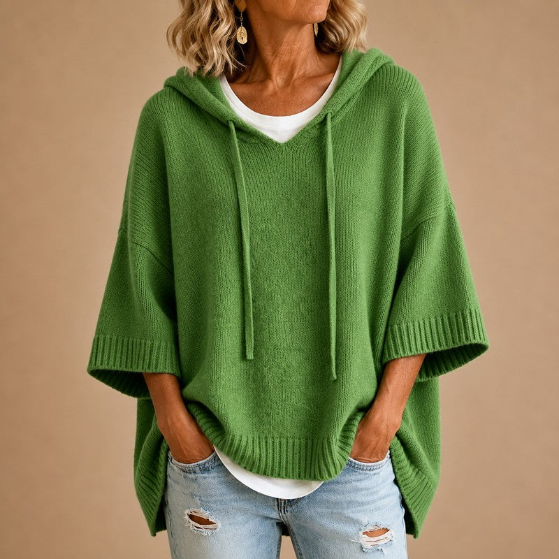Women's Hooded Knit Sweater - Oversized Poncho Style