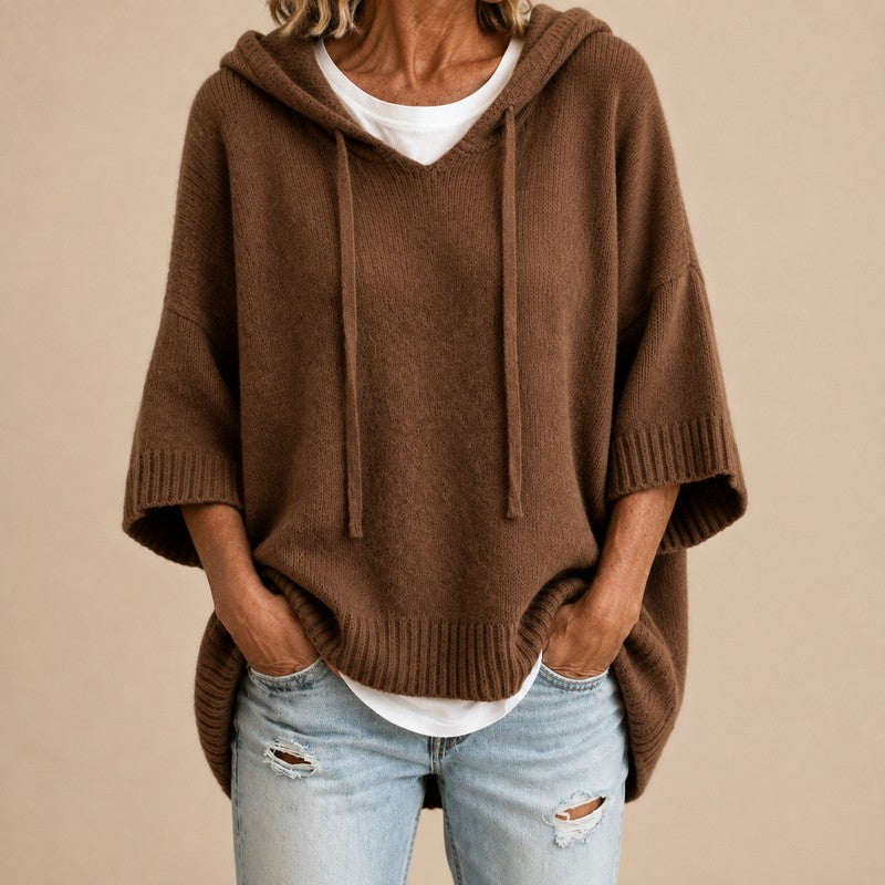 Women's Hooded Knit Sweater - Oversized Poncho Style