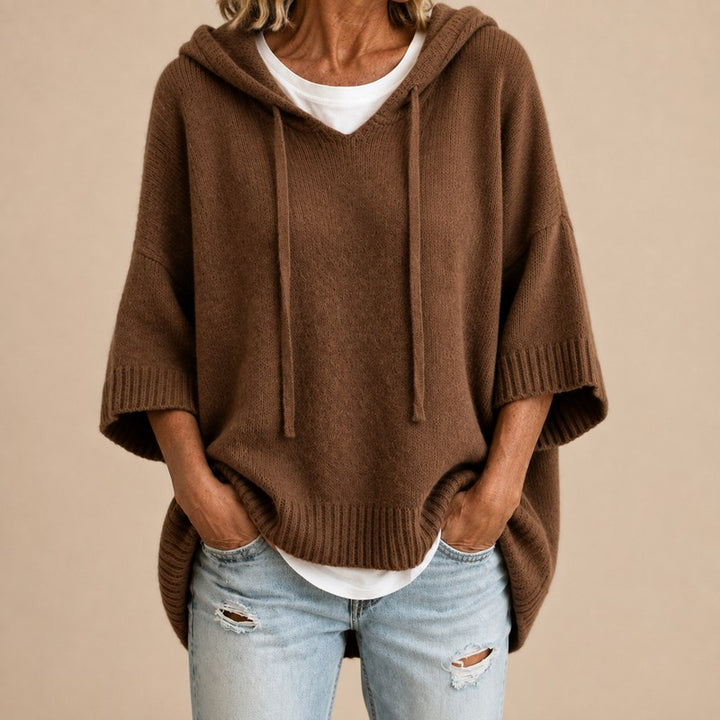 Women's Hooded Knit Sweater - Oversized Poncho Style