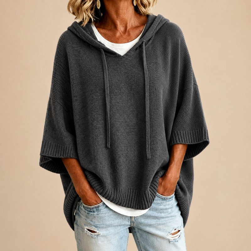 Women's Hooded Knit Sweater - Oversized Poncho Style