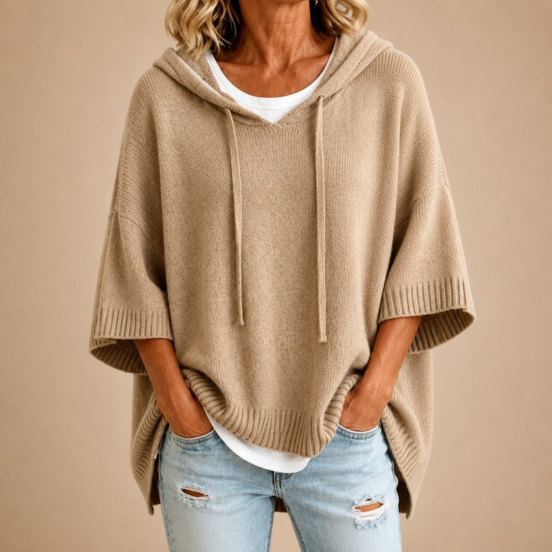 Women's Hooded Knit Sweater - Oversized Poncho Style