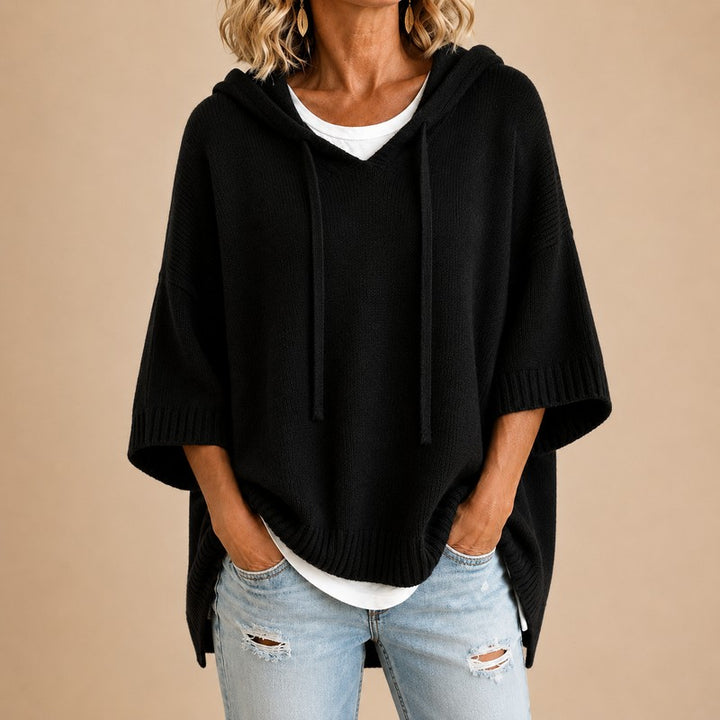 Women's Hooded Knit Sweater - Oversized Poncho Style