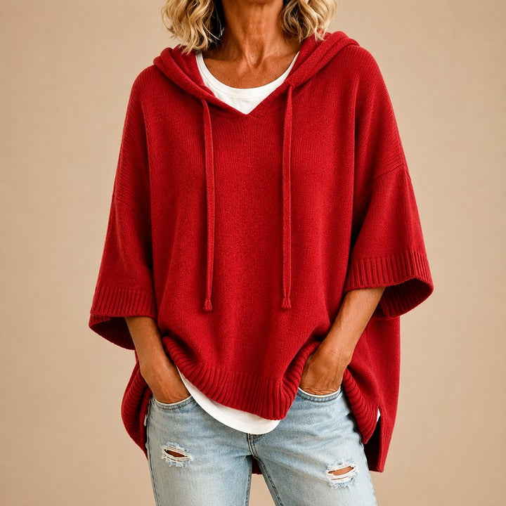Women's Hooded Knit Sweater - Oversized Poncho Style
