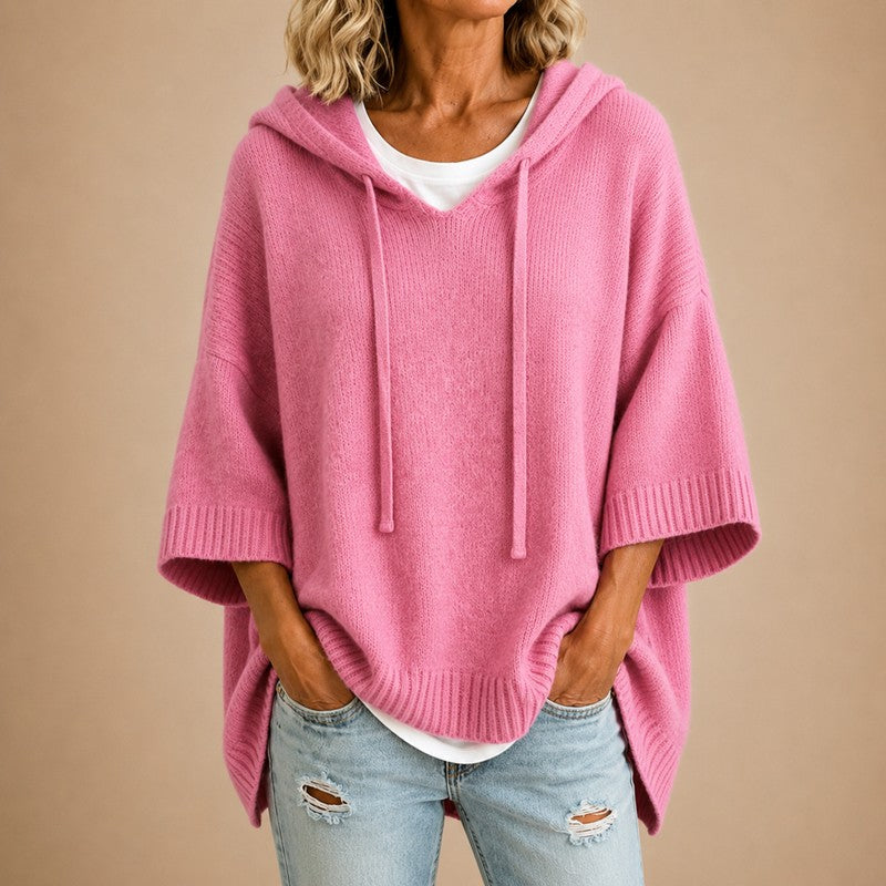 Women's Hooded Knit Sweater - Oversized Poncho Style
